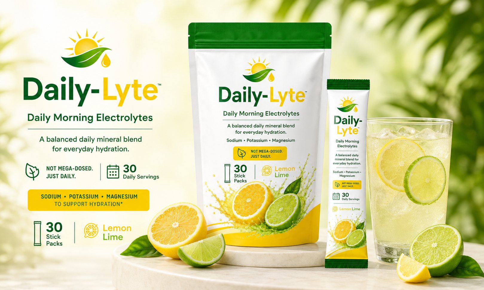 Daily-Lyte Lemon Lime pouch and stick pack beside a glass of electrolyte water with fresh lemon and lime